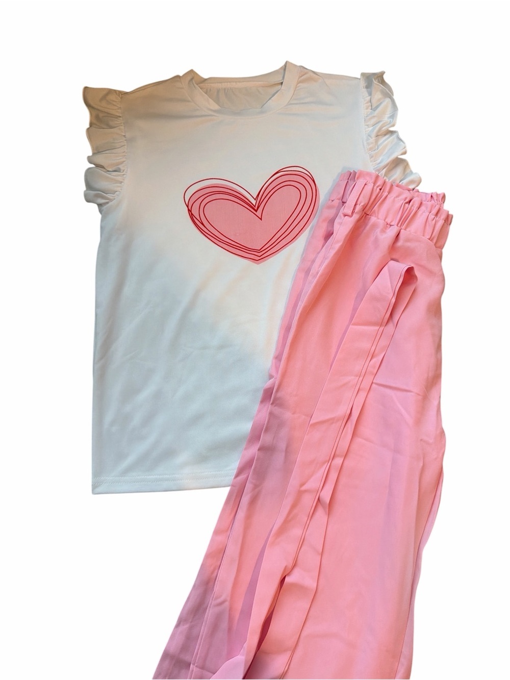 Girls 3 piece Set- White Heart Ruffle Sleeve Top, Pink Pants, & matching belt.